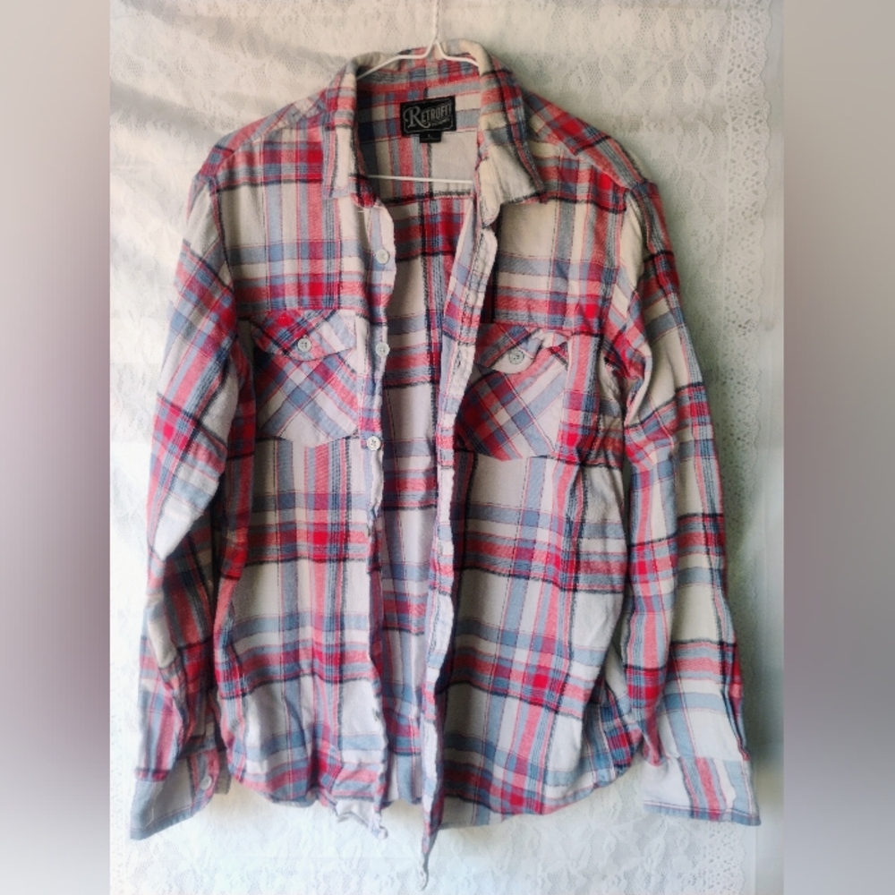 Retrofit Red and Blue Plaid Casual Flannel Button Down Shirt Sz L